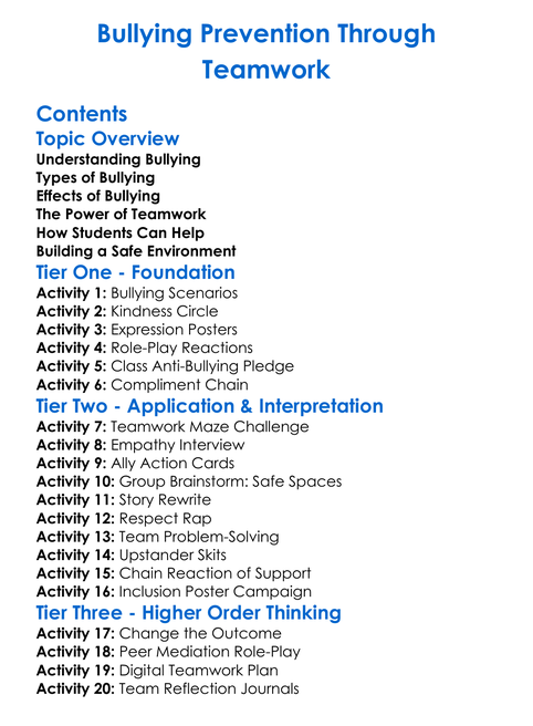 Bullying Prevention Through Teamwork Worksheet Activity Booklet