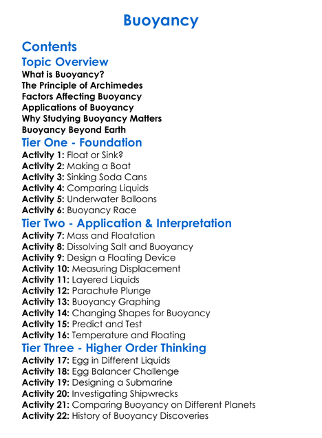 Buoyancy Worksheet Activity Booklet