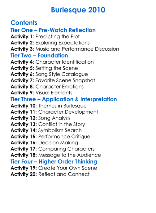 Burlesque 2010 Worksheet Activity Booklet