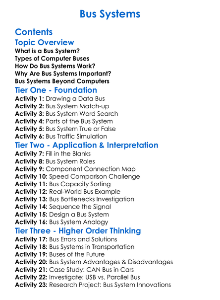 Bus Systems Worksheet Activity Booklet
