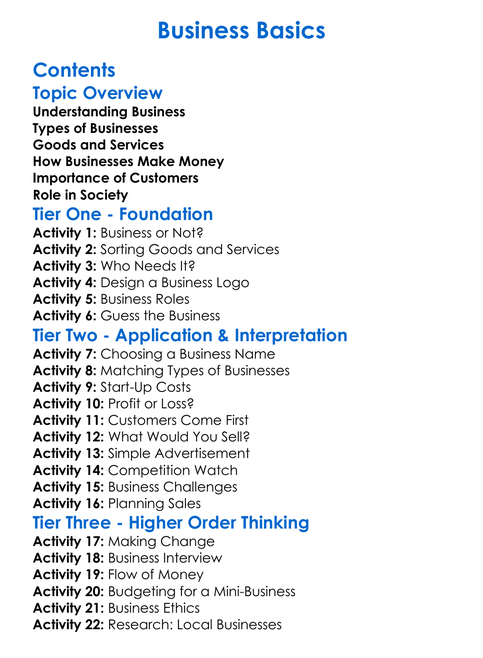 Business Basics Worksheet Activity Booklet