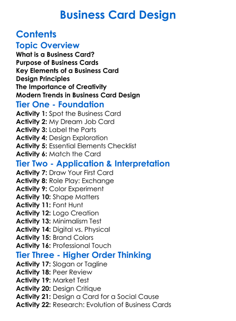 Business Card Design Worksheet Activity Booklet
