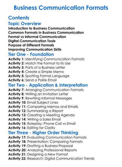 Business Communication Formats Worksheet Activity Booklet