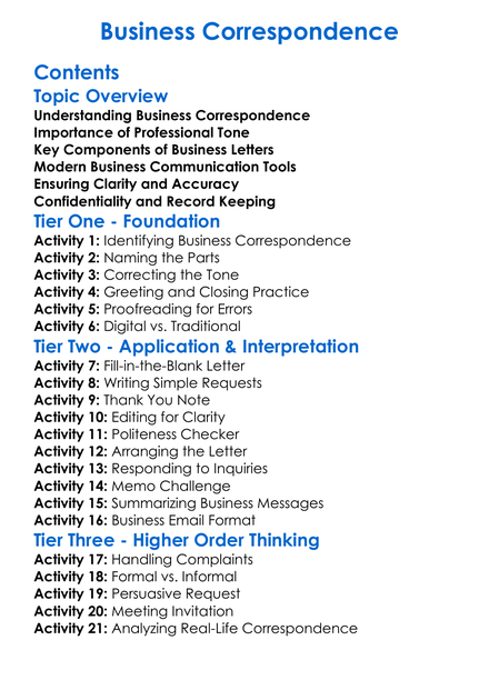 Business Correspondence Worksheet Activity Booklet
