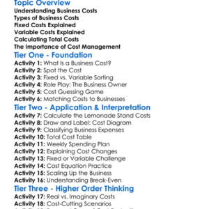 Business Costs Worksheet Activity Booklet