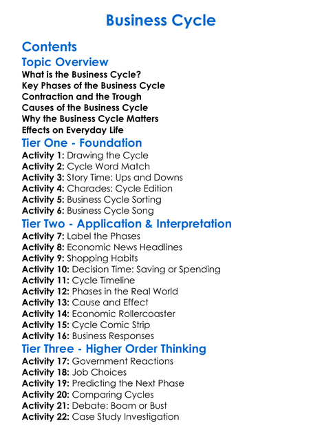 Business Cycle Worksheet Activity Booklet