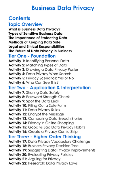 Business Data Privacy Worksheet Activity Booklet