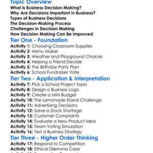 Business Decision Making Worksheet Activity Booklet
