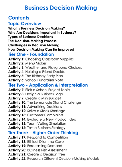 Business Decision-Making Worksheet Activity Booklet