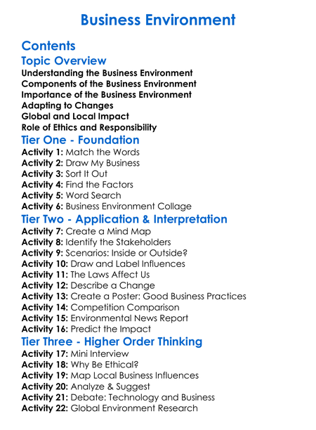 Business Environment Worksheet Activity Booklet
