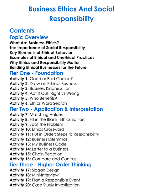 Business Ethics And Social Responsibility Worksheet Activity Booklet