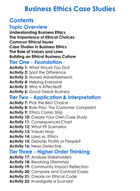 Business Ethics Case Studies Worksheet Activity Booklet