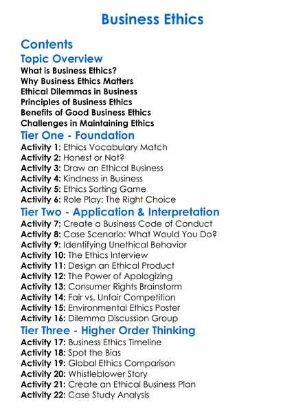 Business Ethics Worksheet Activity Booklet