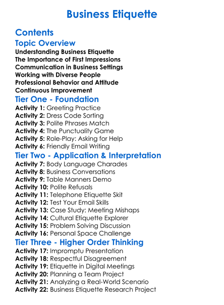Business Etiquette Worksheet Activity Booklet