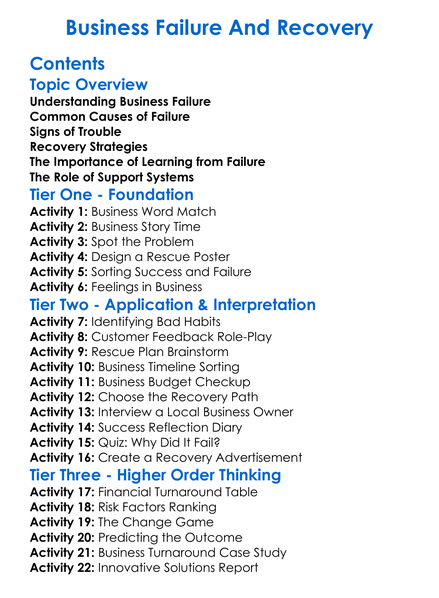 Business Failure And Recovery Worksheet Activity Booklet