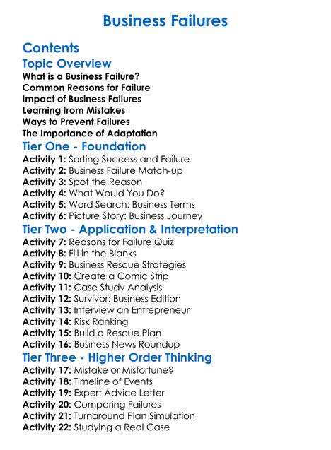 Business Failures Worksheet Activity Booklet