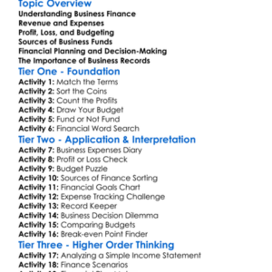 Business Finance Basics Worksheet Activity Booklet