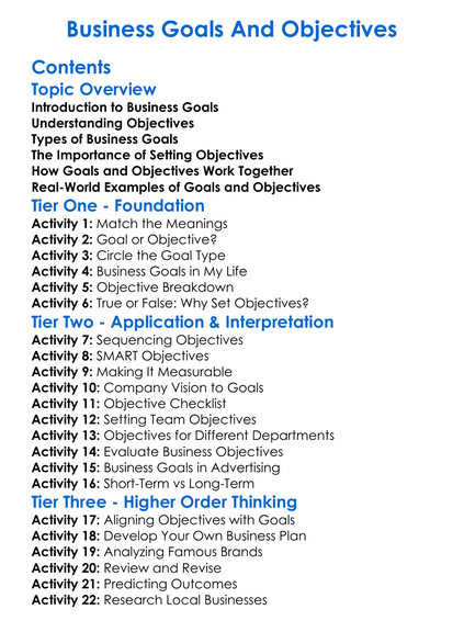 Business Goals And Objectives Worksheet Activity Booklet