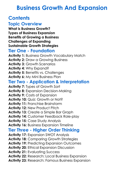 Business Growth And Expansion Worksheet Activity Booklet