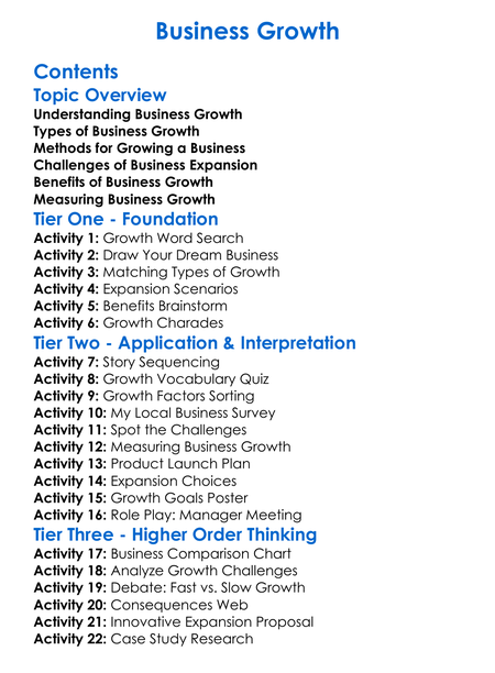 Business Growth Worksheet Activity Booklet
