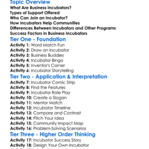 Business Incubators Worksheet Activity Booklet