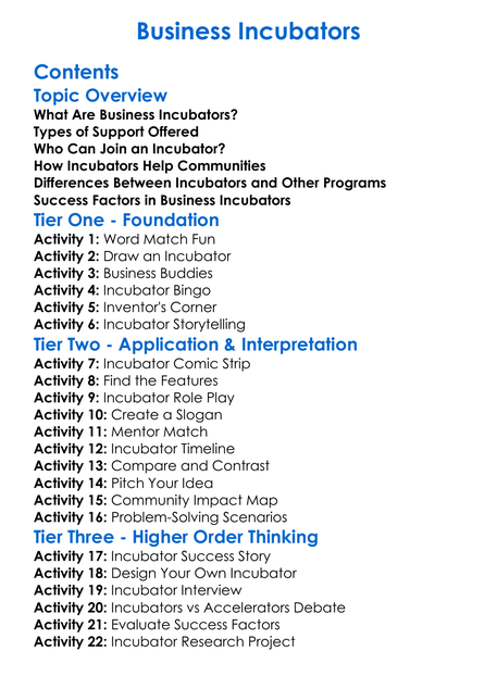 Business Incubators Worksheet Activity Booklet