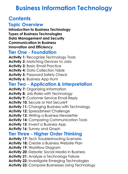 Business Information Technology Worksheet Activity Booklet