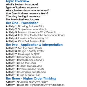 Business Insurance Worksheet Activity Booklet