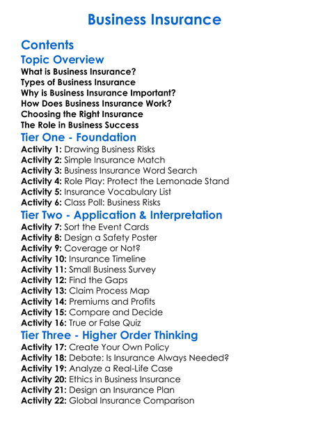 Business Insurance Worksheet Activity Booklet