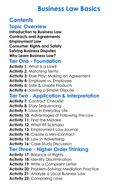 Business Law Basics Worksheet Activity Booklet