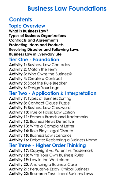 Business Law Foundations Worksheet Activity Booklet