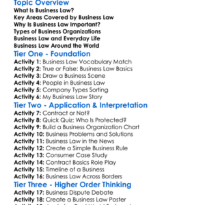 Business Law Overview Worksheet Activity Booklet