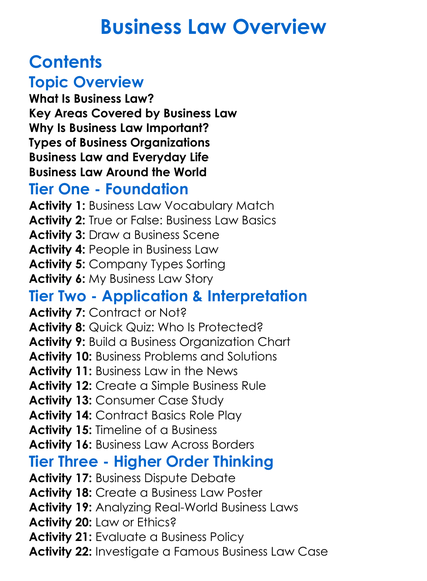 Business Law Overview Worksheet Activity Booklet