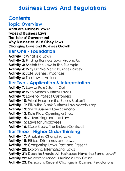Business Laws And Regulations Worksheet Activity Booklet