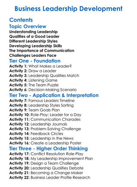 Business Leadership Development Worksheet Activity Booklet