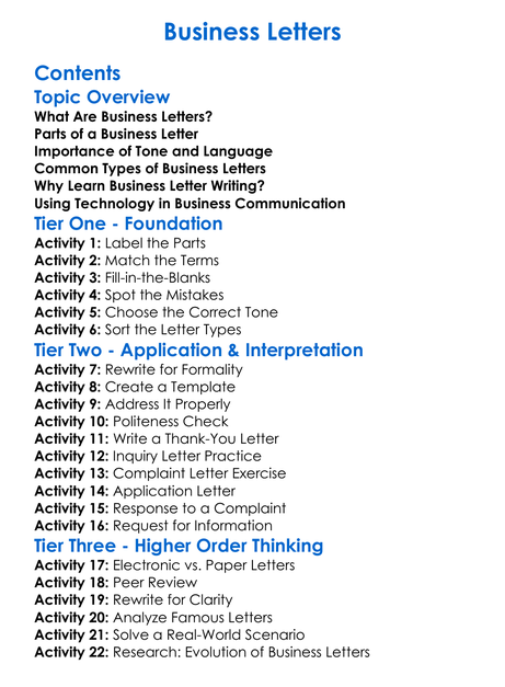 Business Letters Worksheet Activity Booklet