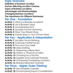 Business Location Decisions Worksheet Activity Booklet