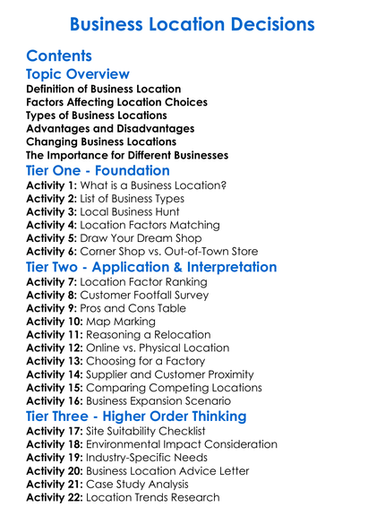 Business Location Decisions Worksheet Activity Booklet