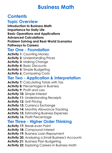 Business Math Worksheet Activity Booklet