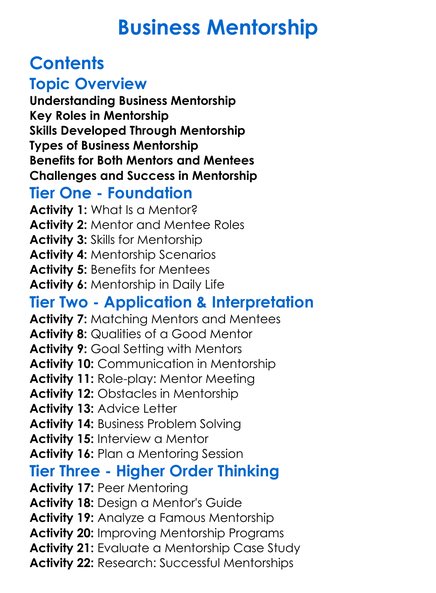 Business Mentorship Worksheet Activity Booklet