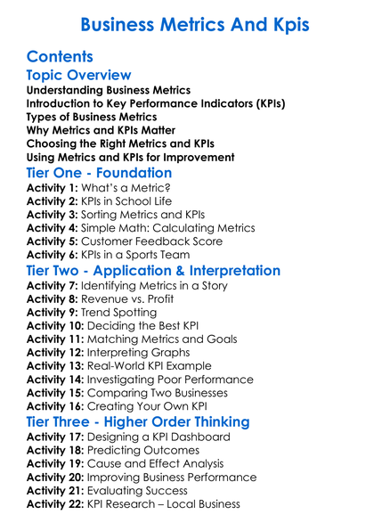 Business Metrics And Kpis Worksheet Activity Booklet