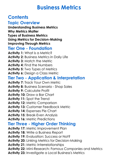 Business Metrics Worksheet Activity Booklet