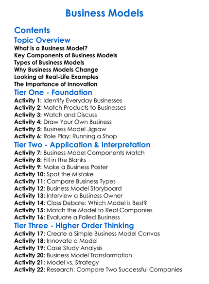 Business Models Worksheet Activity Booklet