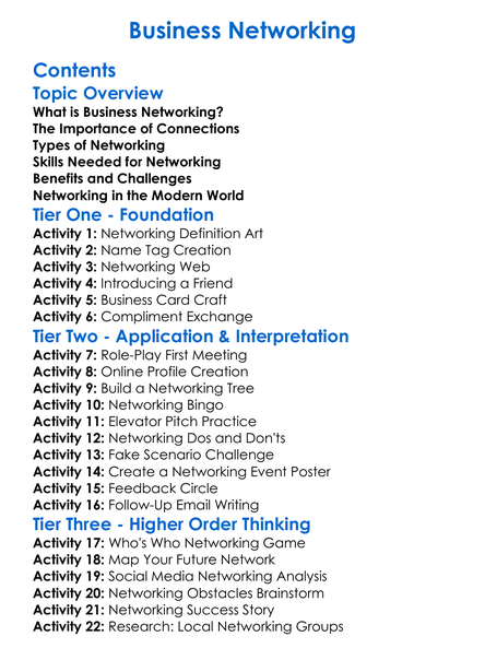 Business Networking Worksheet Activity Booklet