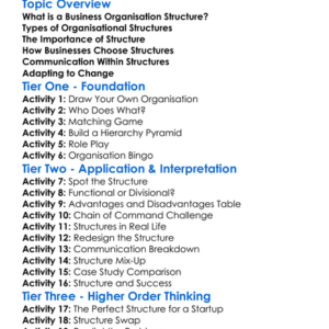 Business Organisation Structures Worksheet Activity Booklet