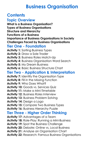 Business Organisation Worksheet Activity Booklet
