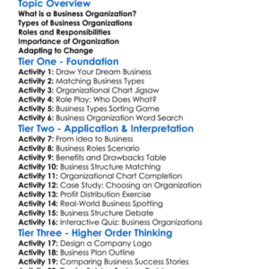 Business Organization Worksheet Activity Booklet