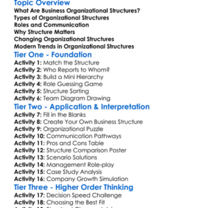 Business Organizational Structures Worksheet Activity Booklet