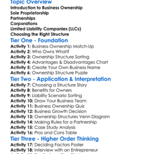 Business Ownership Structures Worksheet Activity Booklet