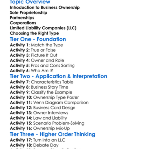 Business Ownership Types Worksheet Activity Booklet